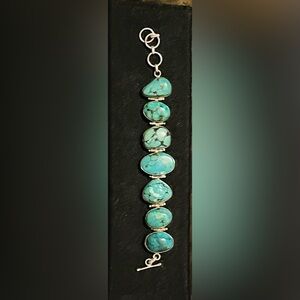 7.5” Turquoise 7 Natural Stone Sterling Silver Link Bracelet.